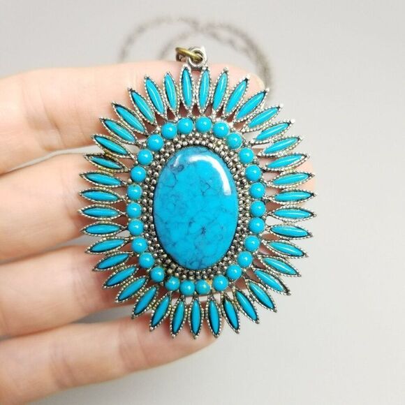 Vintage Faux Turquoise Radiant Oval Pendant and Long Silver Tone Chain, Estate - Picture 1 of 9